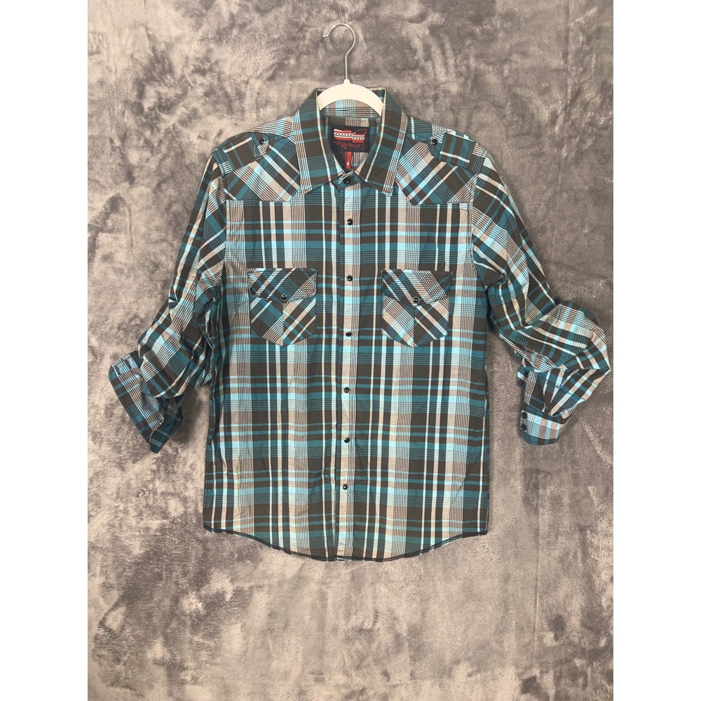 No Retreat Mens Plaid Button Up Shirt Teal Brown Western Long Sleeve Epaulettes